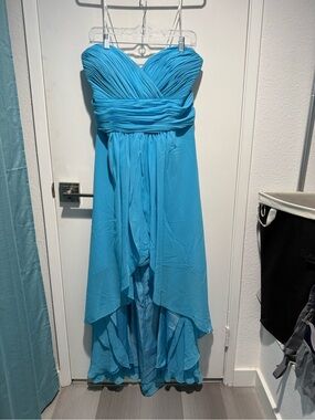 Strapless Ruched Chiffon High-Low Dress in Turquoise